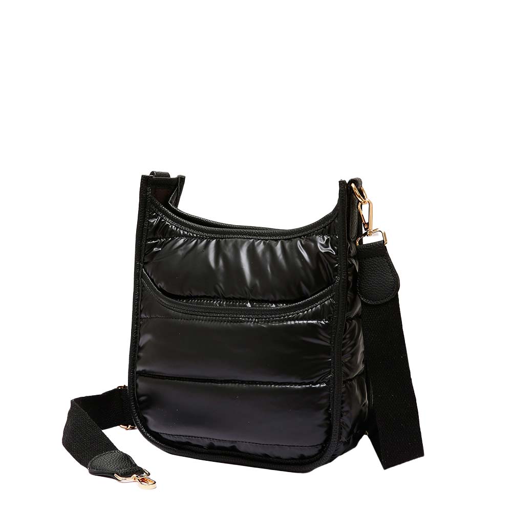 Black Solid Quilted Shiny Puffer Mini Crossbody Bag, Complete the look of any outfit on all occasions with this Shiny Puffer Mini Crossbody. these mini bag offers enough room for your essentials. With a One Inside Zipper Pocket, three two inside slip pockets and a secured Magnetic Closure at the top, this bag will be your new go to! These beautiful and trendy Crossbody have adjustable and detachable hand straps that make your life more comfortable.