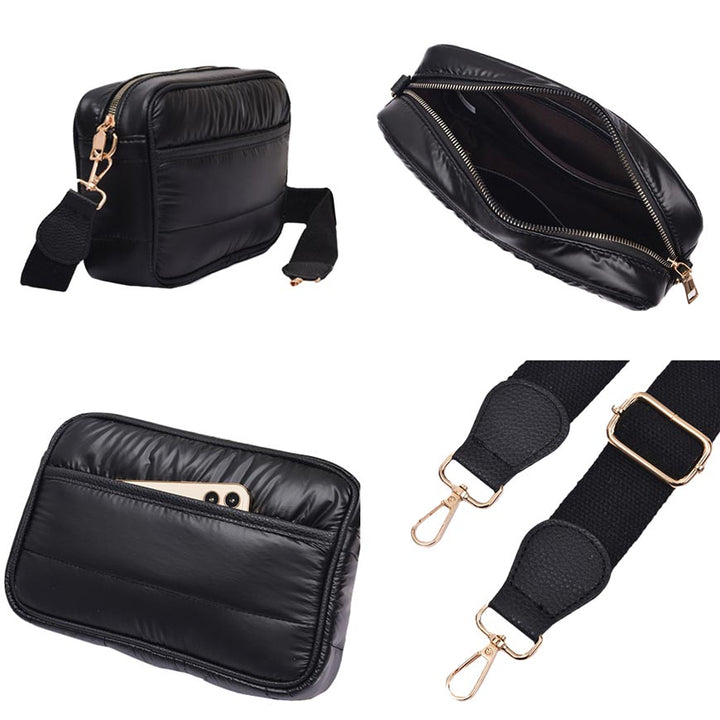 Black Solid Rectangle Puffer Crossbody Bag, Complete the look of any outfit on all occasions with this Shiny Puffer Crossbody Bag. This Puffer bag offers enough room for your essentials.With a one front slip Pocket, two inside slip Pocket, and a Zipper closure at the top, this bag will be your new go-to! The zipper closure design ensures the safety of your property.