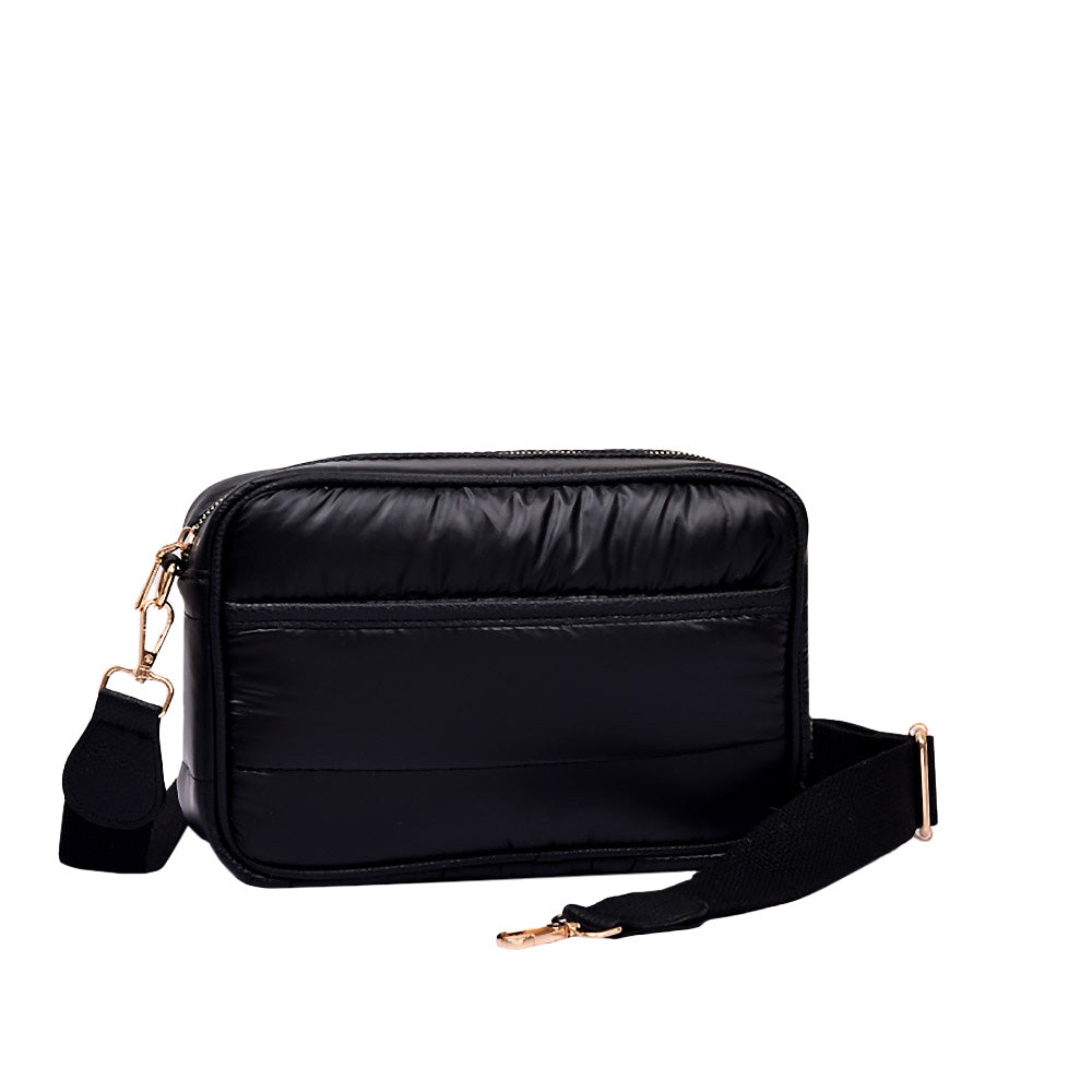 Black Solid Rectangle Puffer Crossbody Bag, Complete the look of any outfit on all occasions with this Shiny Puffer Crossbody Bag. This Puffer bag offers enough room for your essentials.With a one front slip Pocket, two inside slip Pocket, and a Zipper closure at the top, this bag will be your new go-to! The zipper closure design ensures the safety of your property.