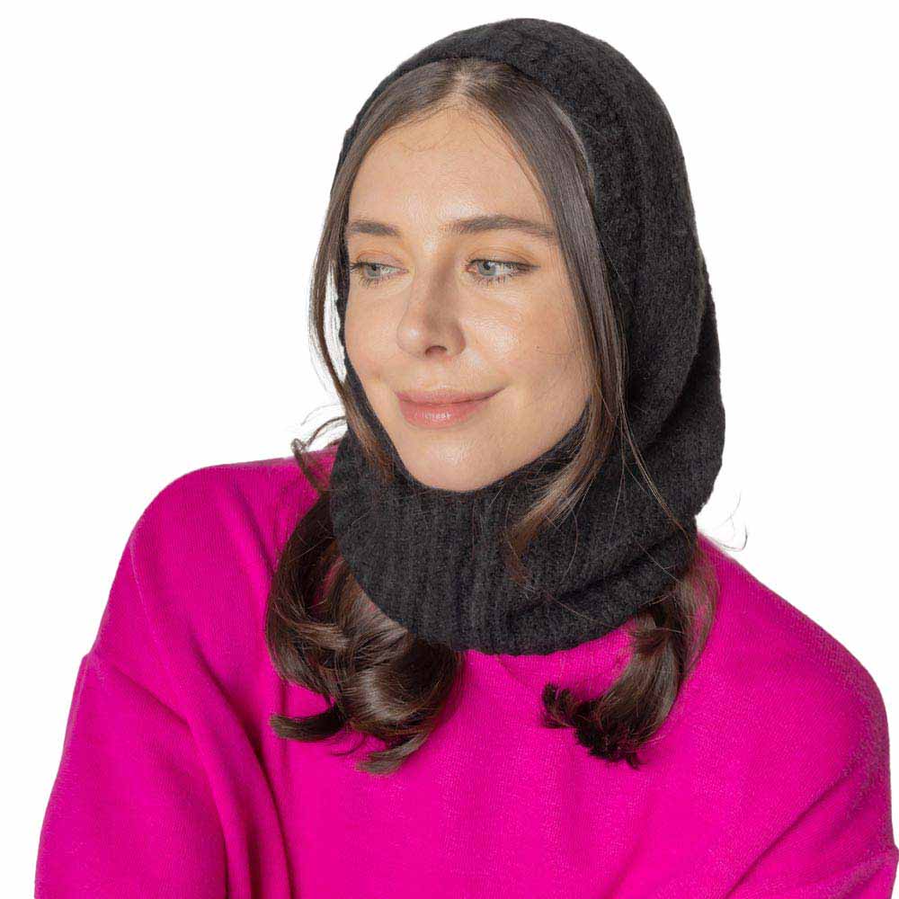 Black Solid Snood Hat, This classic snood will provide warmth in the winter. Comfortable and lightweight made with breathable fabric. Fabulous and stylish knitting pattern for an all-in-one hat and snood. A snood hat will become a favorite accessory in cold weather for everyday indoors and outers. The set will be a good gift for your loved ones. Care! Stay fashionable with extra warmth.