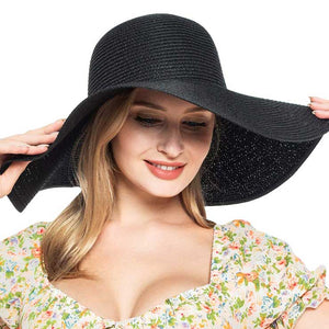 Black Solid Straw Sun Hat, This handy Portable Packable Roll Up Wide Brim Sun Visor UV Protection Floppy Crushable Straw Sun hat that block the sun off your face and neck. A great hat can keep you cool and comfortable. Large, comfortable, and ideal for travelers who are spending time in the outdoors.