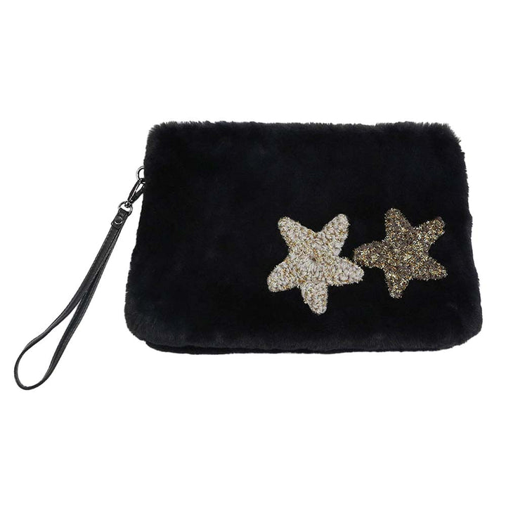 Black Star Patches Fuzzy Faux Fur Wristlet Clutch Bag, It looks like the ultimate fashionista while carrying this trendy faux fur Clutch bag! Different colors give you the choice to take your own. It will be your new favorite accessory to hold onto all your little necessary like - keys, card, makeups, phone, wallet etc. A caring gift for ones you care.