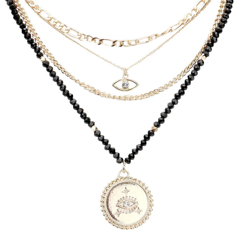 Black Stone Embellished Evil Eye Pendant Multi Layered Bib Necklace. Beautifully crafted design adds a gorgeous glow to any outfit. Jewelry that fits your lifestyle! Perfect Birthday Gift, Anniversary Gift, Mother's Day Gift, Anniversary Gift, Graduation Gift, Prom Jewelry, Just Because Gift, Thank you Gift.