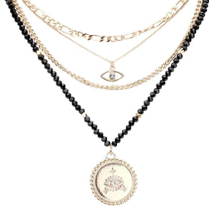 Black Stone Embellished Evil Eye Pendant Multi Layered Bib Necklace. Beautifully crafted design adds a gorgeous glow to any outfit. Jewelry that fits your lifestyle! Perfect Birthday Gift, Anniversary Gift, Mother's Day Gift, Anniversary Gift, Graduation Gift, Prom Jewelry, Just Because Gift, Thank you Gift.