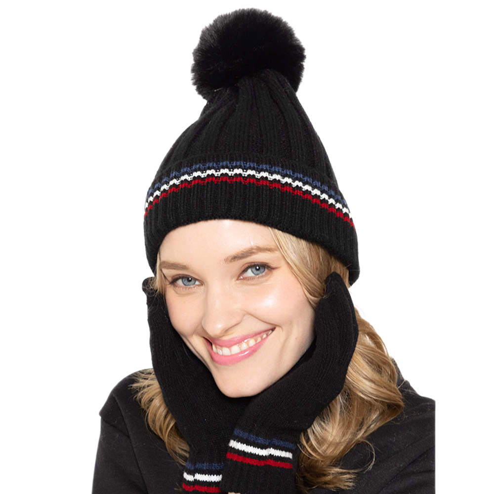 Black Stripe Pointed Faux Fur Pom Pom Knit Beanie Hat; reach for this classic toasty hat to keep you nice n warm in the chilly winter weather, the wintry touch finish to your outfit. Perfect Gift Birthday, Christmas, Holiday, Anniversary, Stocking Stuffer, Secret Santa, Valentine's Day, Loved One, BFF