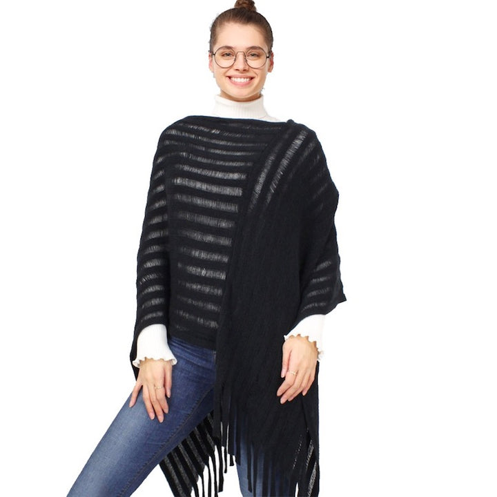 Black Stripe Texture Fringe Detailed Knit Shawl Cape Poncho Outwear Cover Up, the perfect accessory, luxurious, trendy, super soft chic capelet, keeps you warm & toasty. You can throw it on over so many pieces elevating any casual outfit! Perfect Gift Birthday, Holiday, Christmas, Anniversary, Wife, Mom, Special Occasion