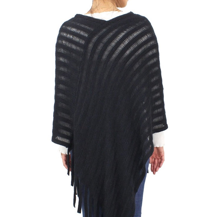 Black Stripe Texture Fringe Detailed Knit Shawl Cape Poncho Outwear Cover Up, the perfect accessory, luxurious, trendy, super soft chic capelet, keeps you warm & toasty. You can throw it on over so many pieces elevating any casual outfit! Perfect Gift Birthday, Holiday, Christmas, Anniversary, Wife, Mom, Special Occasion