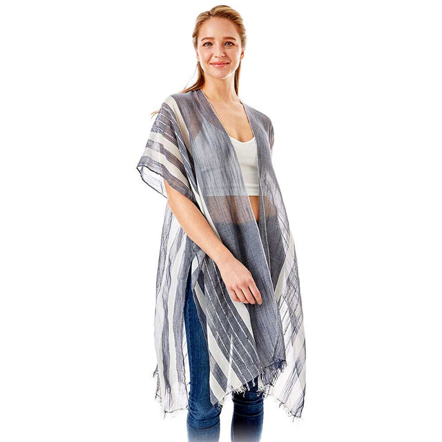Black Striped Lurex Cover Up Poncho Kimono Poncho. Lightweight and soft brushed fabric exterior fabric that make you feel more warm and comfortable. Cute and trendy poncho for women. Great for dating, hanging out, daily wear, vacation, travel, shopping, holiday attire, office, work, outwear, fall, spring or early winter. Perfect Gift for Wife, Mom, Birthday, Holiday, Anniversary, Fun Night Out.