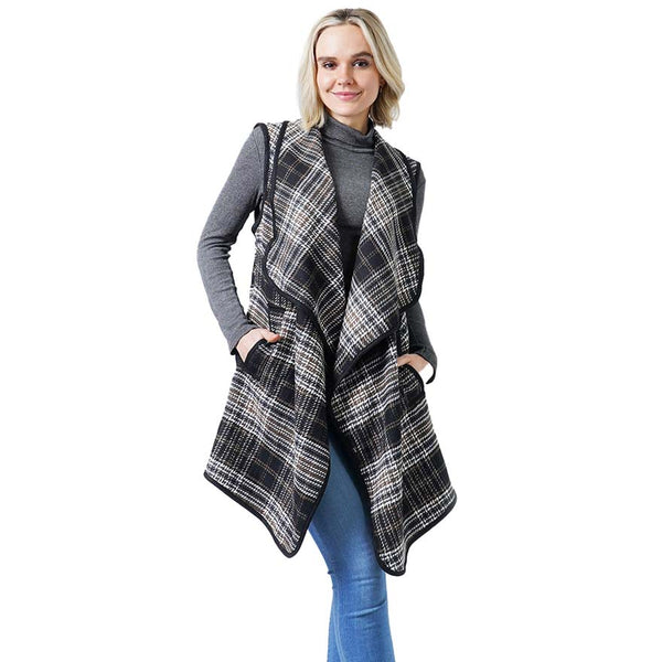 Black Stylish Plaid Check Vest With Pocket, the perfect accessory for this winter and cold days out. It's a luxurious, trendy, super soft chic capelet that enriches your beauty to a greater extent. It keeps you warm and toasty on cold days. You can throw it on over so many pieces elevating any casual outfit! Perfect Gift for Wife, Mom, Birthday, Holiday, Christmas, Anniversary, Fun Night Out. Live with style!