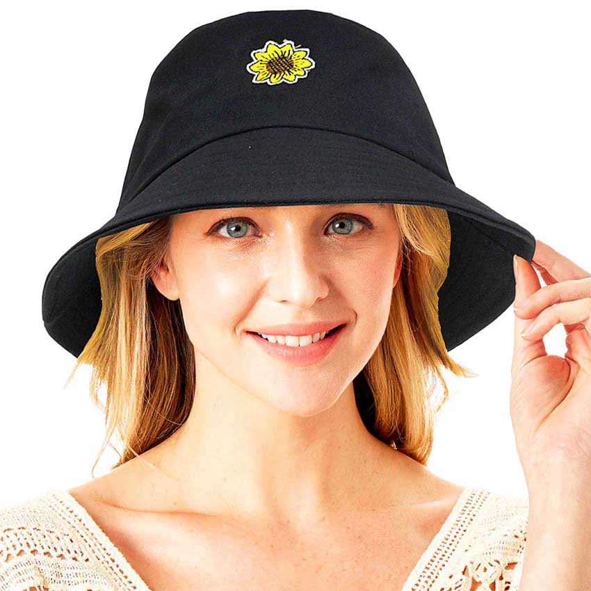 Black Sunflower Patch Accented Bucket Hat. Eco-friendly visor whether you’re basking under the sun at the beach, the pool or kicking back with friends at the lake, can keep you cool. Perfect Birthday Gift, Mother's Day Gift, Anniversary Gift, Vacation Getaway, Thank you Gift. 