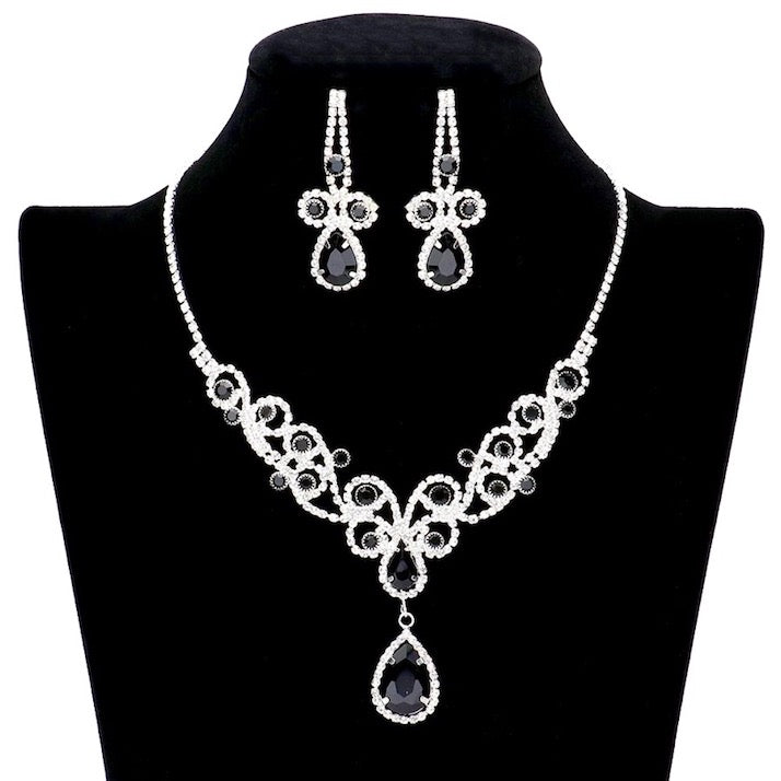 Black Teardrop Crystal Rhinestone Vine Evening Necklace Clip On Earrings Set, dazzle on your Special Occasion, jewelry set will sparkle all night long. Perfect Bridal Jewelry, Birthday Gift, Mother's Day Gift, Anniversary Gift, Prom, Graduation, Sweet 16, Quinceanera, Wedding Bride, Mother of the Bride, Bridesmaid