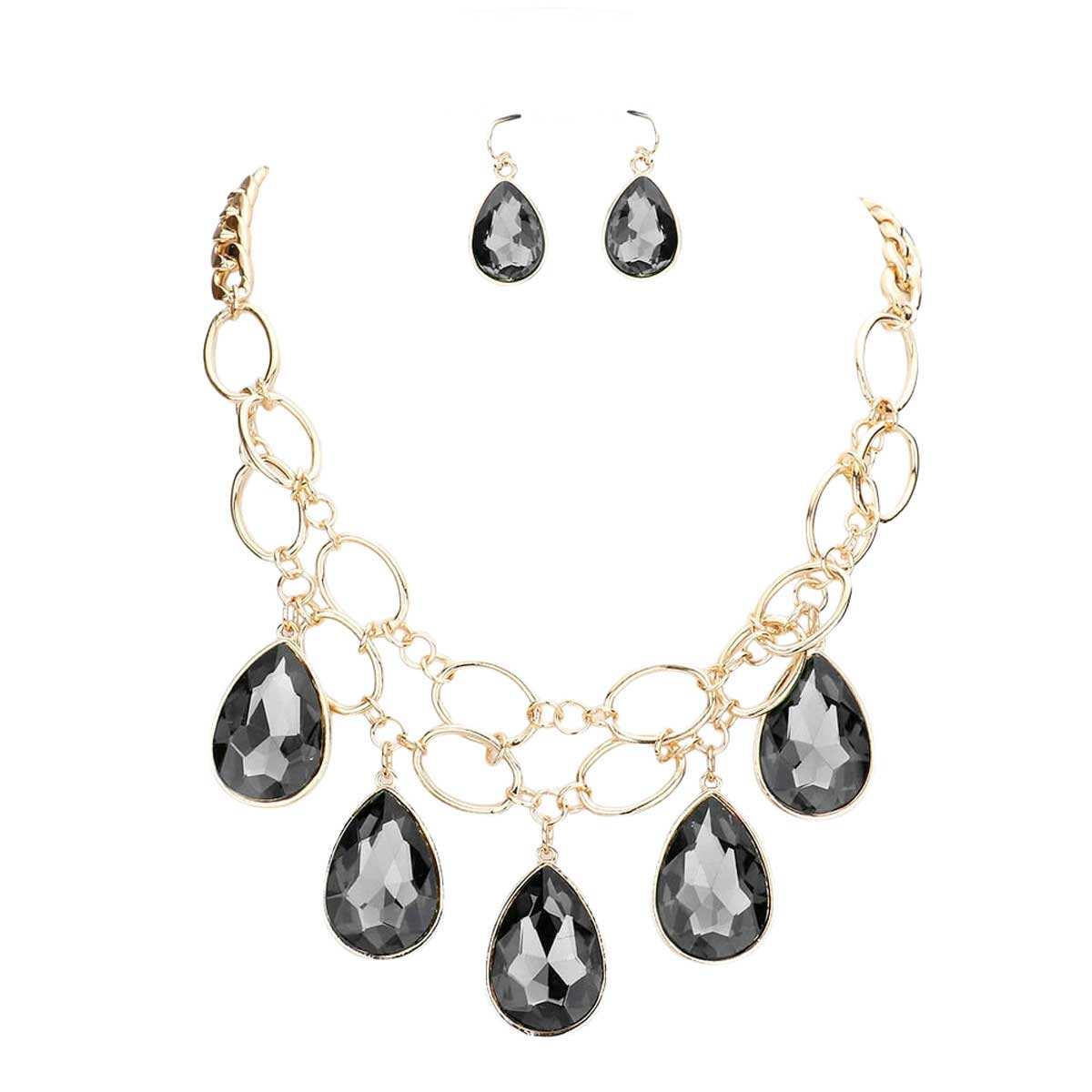Black Teardrop Stone Accented Open Metal Oval Link Evening Necklace, this gorgeous jewelry set will show your class on any special occasion. The elegance of these stones goes unmatched, great for wearing at a party! stunning jewelry set will sparkle all night long making you shine like a diamond on special occasions. Perfect jewelry to enhance your look and for wearing at parties, weddings, date nights, or any special event.