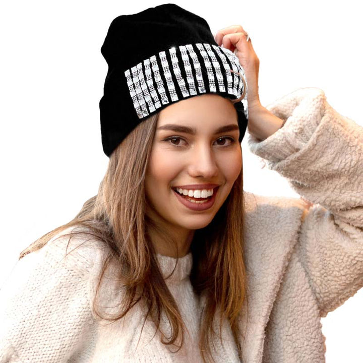 Black Trellis Blinged Acrylic Beanie Hat, before running out the door into the cool air, you’ll want to reach for this toasty beanie to keep you incredibly warm. Accessorize the fun way with this beanie winter hat, it's the autumnal touch you need to finish your outfit in style. Awesome winter gift accessory! Perfect Gift for Birthdays, Christmas, Stocking stuffers, Secret Santa, holidays, anniversaries, Valentine's Day, etc. to your loved ones. Happy Winter!