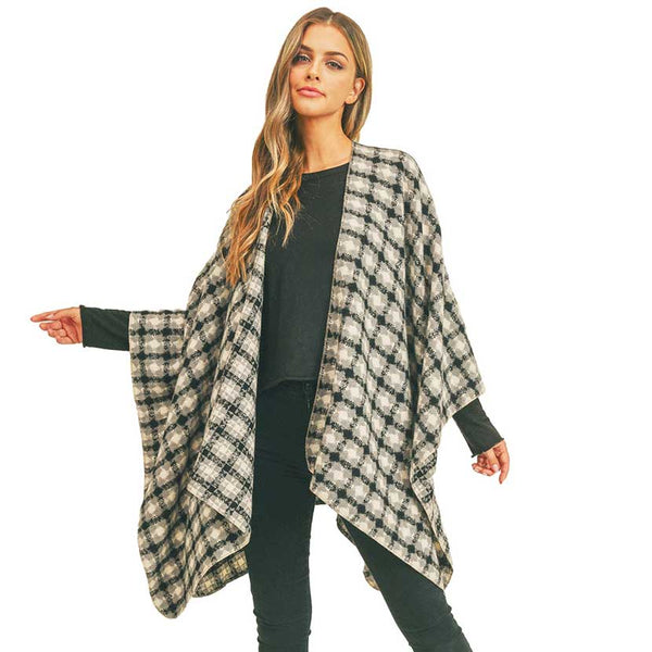 Black Trendy Plaid Check Pattern Ruana, the perfect accessory, luxurious, trendy, super soft chic capelet, keeps you warm and toasty. You can throw it on over so many pieces elevating any casual outfit! Match well with jeans and T-shirts with these poncho ruana, Stay trendy and comfortable! Have it for your winter wardrobe with out any doubt.  Awesome winter gift accessory!