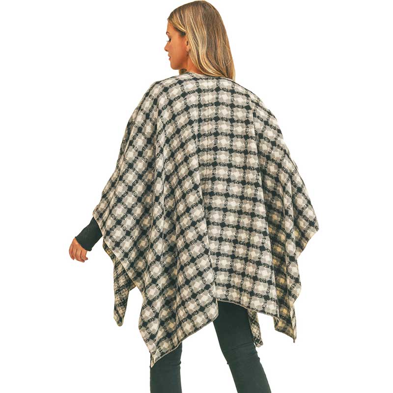 Black Trendy Plaid Check Pattern Ruana, the perfect accessory, luxurious, trendy, super soft chic capelet, keeps you warm and toasty. You can throw it on over so many pieces elevating any casual outfit! Match well with jeans and T-shirts with these poncho ruana, Stay trendy and comfortable! Have it for your winter wardrobe with out any doubt.  Awesome winter gift accessory!