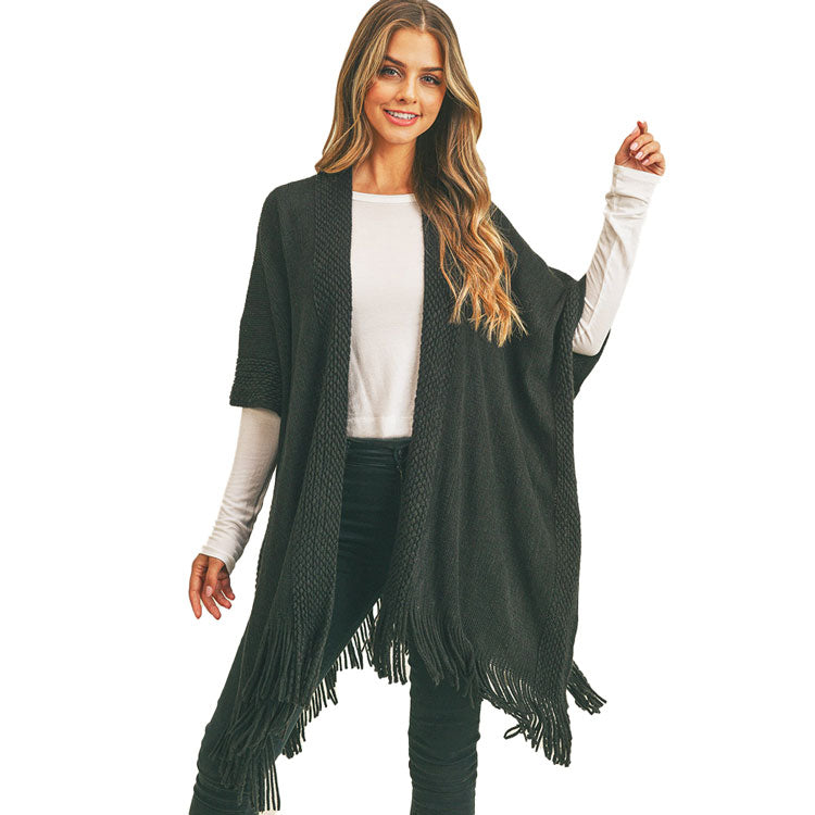 Black Trim Detail Fringe Kimono. Crafted with high-quality material which makes it durable, comfortable to wear, and super breathable. This kimono has an open front that gives the decent personality and most stylish peeks. Give a style boost to any of your outfits with this gorgeous kimono collection. These fringe kimono enhance the beauty of the piece. Suitable for Holiday, Casual or any Occasions in Spring, Summer and Autumn.  