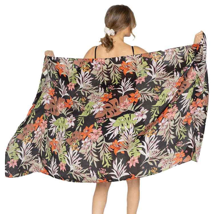 Black Tropical Leaf Flower Printed Oblong Scarf, This lightweight oblong scarf in soothing colors features a Leaf Flower Printed design. It's a design that gives any outfit a unique look. The oblong shape makes this scarf a versatile choice that can be worn in many ways. It'll definitely become a favorite in your accessories collection. Suitable for Holiday, Casual or any Occasions in Spring, Summer and Autumn.