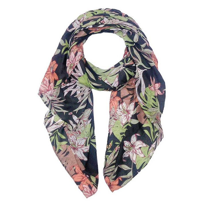 Black Tropical Leaf Flower Printed Oblong Scarf, This lightweight oblong scarf in soothing colors features a Leaf Flower Printed design. It's a design that gives any outfit a unique look. The oblong shape makes this scarf a versatile choice that can be worn in many ways. It'll definitely become a favorite in your accessories collection. Suitable for Holiday, Casual or any Occasions in Spring, Summer and Autumn.