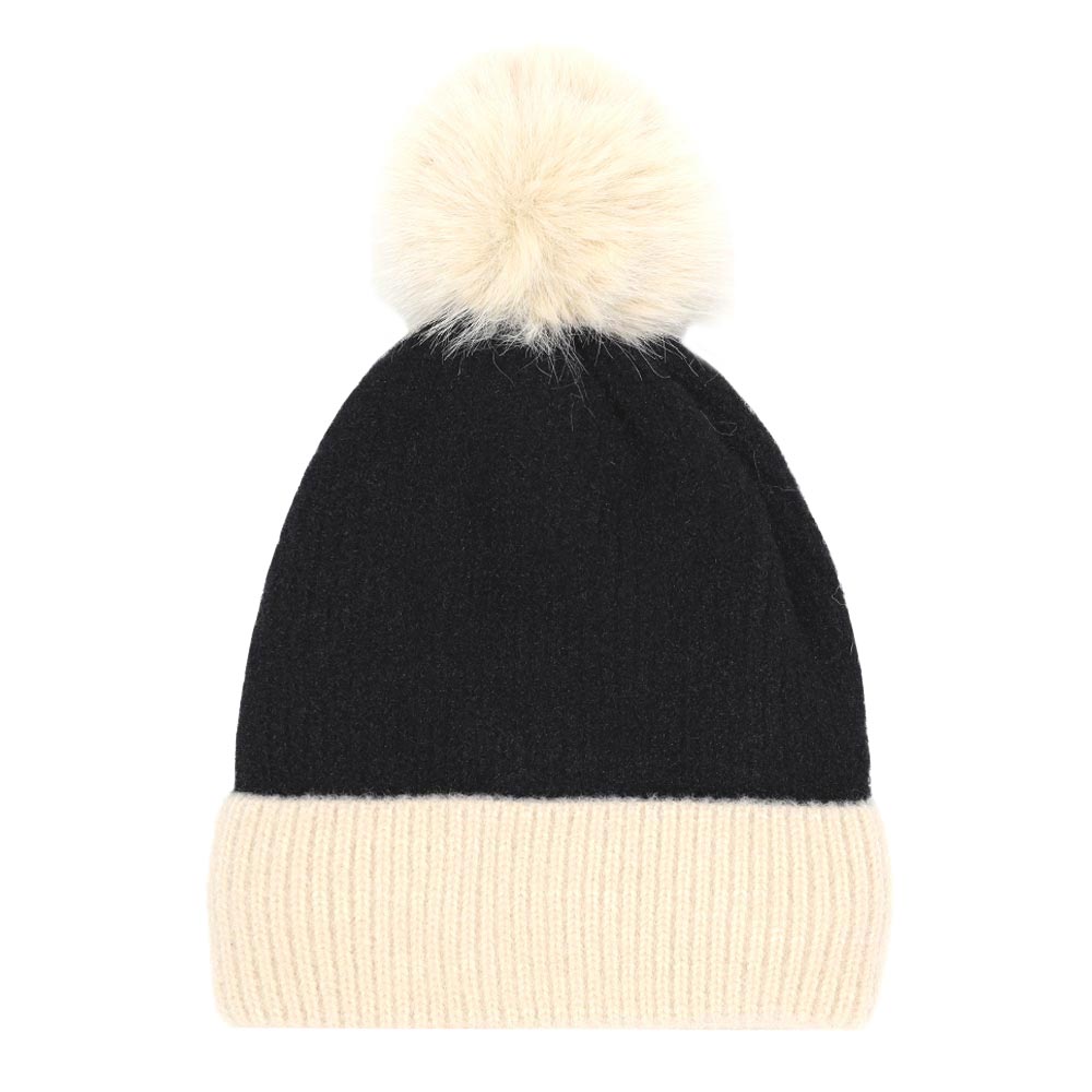 Black Two Tone Knit Pompom Beanie Hat, wear this beautiful pompom Beanie Hat before running out the door into the cool air. It will keep you incredibly warm and toasty on cold days and winter. Accessorize the fun way with this beanie hat to not only get the warmth but also get compliments due to its eye-catchy look. It's the autumnal touch that you need to finish your outfit in style. Beautiful winter gift accessory!