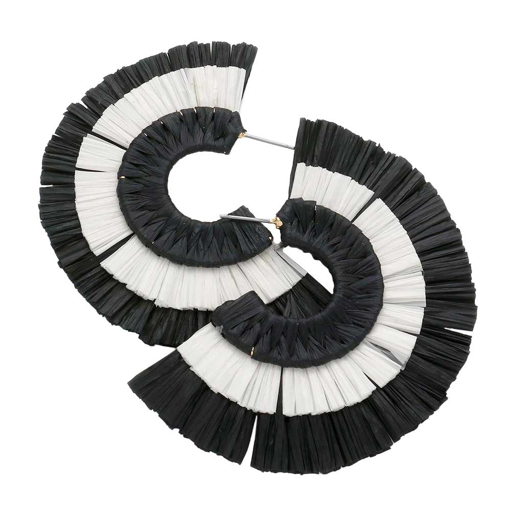 Black Two Tone Raffia Half Round Earrings, enhance your attire with these beautiful raffia half-round earrings to show off your fun trendsetting style. Can be worn with any daily wear such as shirts, dresses, T-shirts, etc. These half-round earrings will garner compliments all day long. Whether day or night, on vacation, or on a date, whether you're wearing a dress or a coat, these earrings will make you look more glamorous and beautiful. 