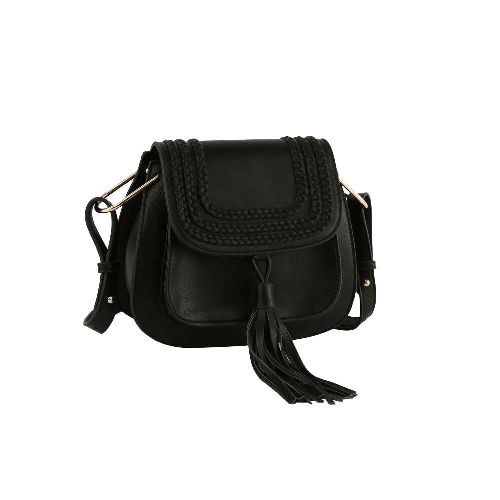 Black Vegan Leather Satchel Crossbody Bag with Fringe Detail, This fringe detail crossbody bag is an absolute must-have accessory! It is a stunning satchel with different colors including a hanging tassel, braided details, a zipper pocket inside, and adjustable straps. An absolutely supportive bag for carrying handy items and daily accessories, country and Western!