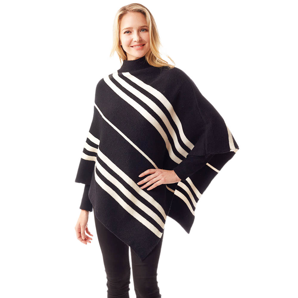 Black Vertical Striped Turtle Neck Collar Poncho, provides warmth, comfort in a cold day while keeping your look chic and feminine. Coordinates with all your winter outfits. Perfect Birthday Gift, Christmas Gift, Anniversary Gift, Regalo Navidad, Regalo Cumpleanos, Valentine's Day Gift, Dia del Amor, Asymmetrical Poncho Wrap