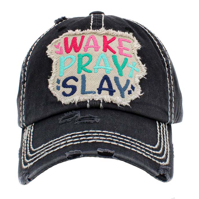 Black Wake Play Slay Vintage Baseball Cap, A beautiful & cool religion-themed vintage cap that will not only save a bad hair day but also amps up your beauty to a greater extent. This Wake Play Slay message embroidered baseball hat is made for you. It's fully adjustable and easy to wear in the perfect style! Perfect to keep your hair away from your face while exercising, running, playing tennis, or just taking a walk outside.