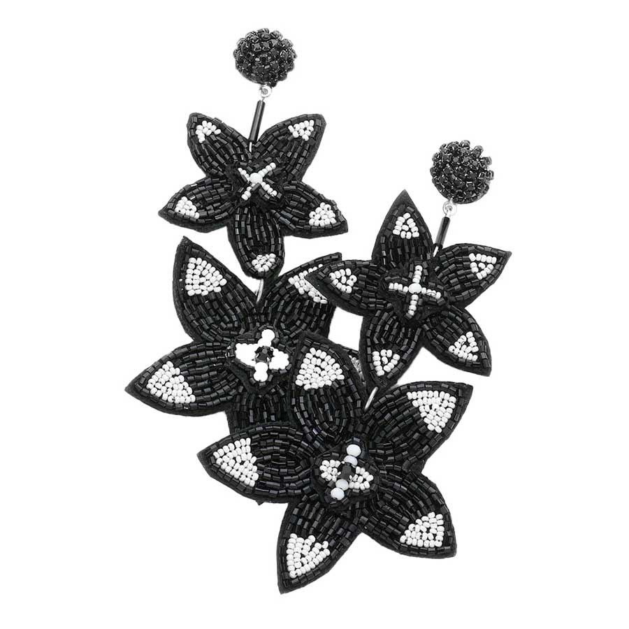 Black White Beaded Double Flower Link Dangle Earrings, Beaded Detailed Floral Link Statement Dangle Earrings, jewelry that fits your lifestyle, adding a pop of pretty color. Enhance your attire with this vibrant handcrafted beautiful modish floral statement jewelry! Adds a touch of nature-inspired beauty to your look. It will be your new favorite accessory. Wear this earring to a wedding, an engagement, a bridesmaid, a prom, or any other occasion where you wish to appear more charming.