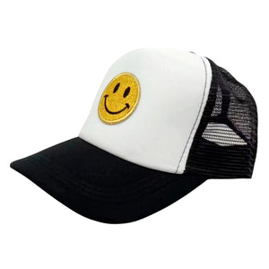 Black White Smile Accented Mesh Back Baseball Cap, features an embroidered smile face patch on the front, bringing a smile to everyone you pass by and showing your kindness to others. These are Perfect Birthday gifts, Anniversary gifts, Mother's Day gifts, Graduation gifts, Valentine's Day gifts, or any occasion.