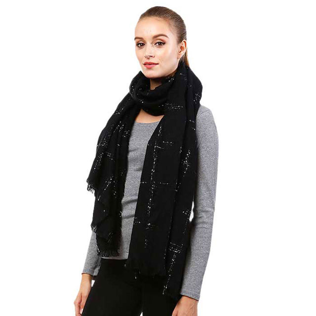 Windowpane Check Oblong Scarf - Black - Scarves