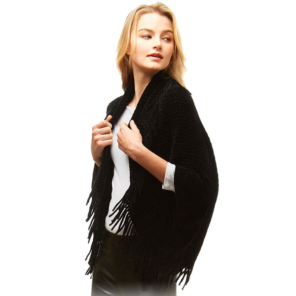 Black Winter Outwear Cover Up Solid Shrug Fringe Cardigan; the perfect accessory, luxurious, trendy, super soft chic capelet, keeps you warm and toasty. You can throw it on over so many pieces elevating any casual outfit! Perfect Gift for Wife, Mom, Birthday, Holiday, Christmas, Anniversary, Fun Night Out