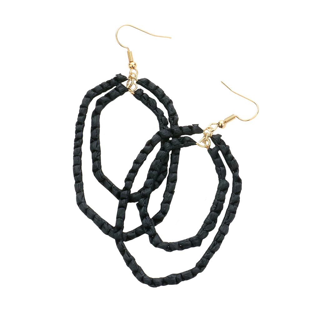 Black Woven Raffia Double Open Hexagon Dangle Earrings, enhance your attire with these beautiful raffia earrings to show off your fun trendsetting style. Get a pair as a gift to express your love for any woman person or for just for you on birthdays, Mother’s Day, Anniversary, Holiday, Christmas, Parties, etc.