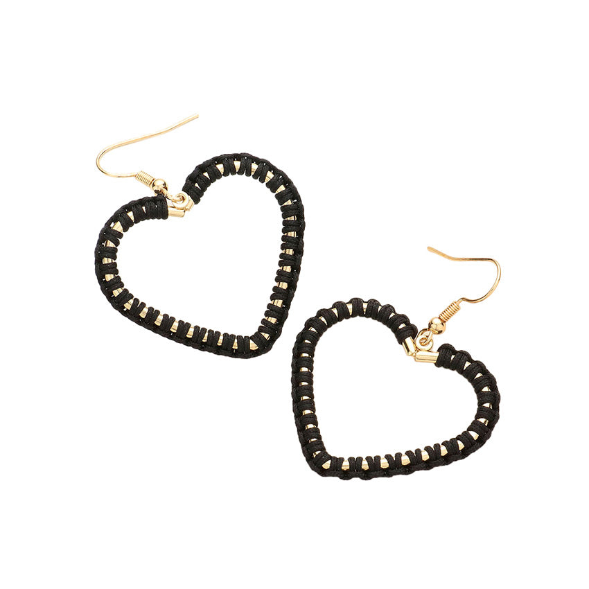 Black Woven Thread Open Metal Heart Dangle Earrings, Take your love for statement accessorizing to a new level of affection with the heart dangle earrings. These earring crafted with Woven Thread and a heart design adds a gorgeous glow to any outfit. Adorable and will get you into that holiday mood in an instant! Wear these gorgeous earrings to make you stand out from the crowd & show your trendy choice this valentine.