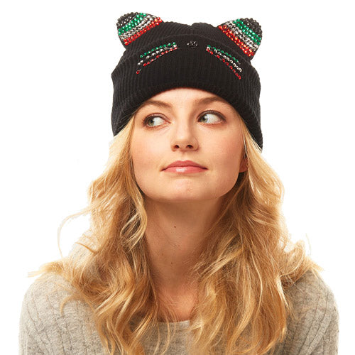 Crystal Embellished Cat Ear Beanie Hat - Black
