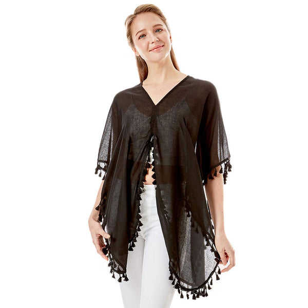 Black Tassel Trimmed Solid Cover Up, Luxurious, trendy, super soft chic capelet, keeps you warm and toasty. You can throw it on over so many pieces elevating any casual outfit! Perfect Gift for Wife, Birthday, Holiday, Christmas, Anniversary, Fun Night Out.