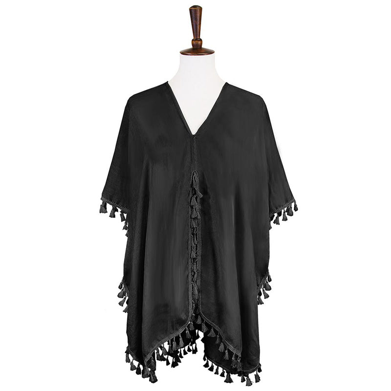 Black Tassel Trimmed Solid Cover Up, Luxurious, trendy, super soft chic capelet, keeps you warm and toasty. You can throw it on over so many pieces elevating any casual outfit! Perfect Gift for Wife, Birthday, Holiday, Christmas, Anniversary, Fun Night Out.
