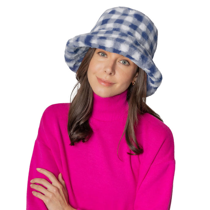 Blue Checkered Faux Fur Bucket Hat, Show your excellent choice with this chic Faux Fur Bucket Hat. Have fun and look Stylish anywhere outdoors. Great for covering up when you are having a bad hair day. Perfect for protecting you from the sun, rain, wind, snow, beach, pool, camping, or any outdoor activities. Amps up your outlook with confidence with this trendy bucket hat.