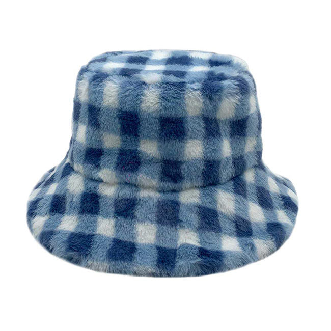 Blue Checkered Faux Fur Bucket Hat, Show your excellent choice with this chic Faux Fur Bucket Hat. Have fun and look Stylish anywhere outdoors. Great for covering up when you are having a bad hair day. Perfect for protecting you from the sun, rain, wind, snow, beach, pool, camping, or any outdoor activities. Amps up your outlook with confidence with this trendy bucket hat.