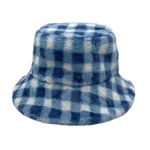 Blue Checkered Faux Fur Bucket Hat, Show your excellent choice with this chic Faux Fur Bucket Hat. Have fun and look Stylish anywhere outdoors. Great for covering up when you are having a bad hair day. Perfect for protecting you from the sun, rain, wind, snow, beach, pool, camping, or any outdoor activities. Amps up your outlook with confidence with this trendy bucket hat.