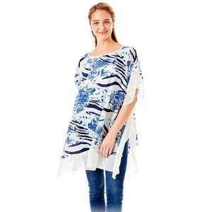 Blue Zebra and Snake Skin Print Cover up Poncho. These Poncho featuring a Zebra and Snake design prints easy to pair with so many tops. Throw it over you bathing suit for quick cover-up at the beach or pool. Lightweight and Breathable Fabric, Comfortable to Wear. Suitable for Weekend, Work, Holiday, Beach, Party, Club, Night, Evening, Date, Casual and Other Occasions in Spring, Summer and Autumn.