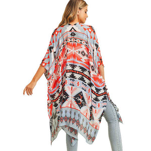 Blue Aztec Patterned Cover Up Kimono Poncho. This timeless Kimono Poncho is Soft, Lightweight and Breathable Fabric, Comfortable to Wear. Sophisticated, flattering and cozy, this Poncho drapes beautifully for a relaxed, pulled-together look. Suitable for Weekend, Work, Holiday, Beach, Party, Club, Night, Evening, Date, Casual and Other Occasions in Spring, Summer and Autumn.