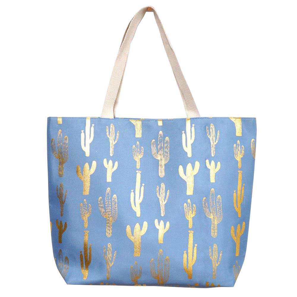 Blue Cactus Foil Beach Bag, Show your trendy side with this awesome cactus print beach tote bag. Spacious enough for carrying any and all of your seaside essentials. The soft rope straps really helps carrying this shoulder bag comfortably. Folds flat for easy packing. Perfect as a beach bag to carry foods, drinks, big beach blanket, towels, swimsuit, toys, flip flops, sun screen and more.