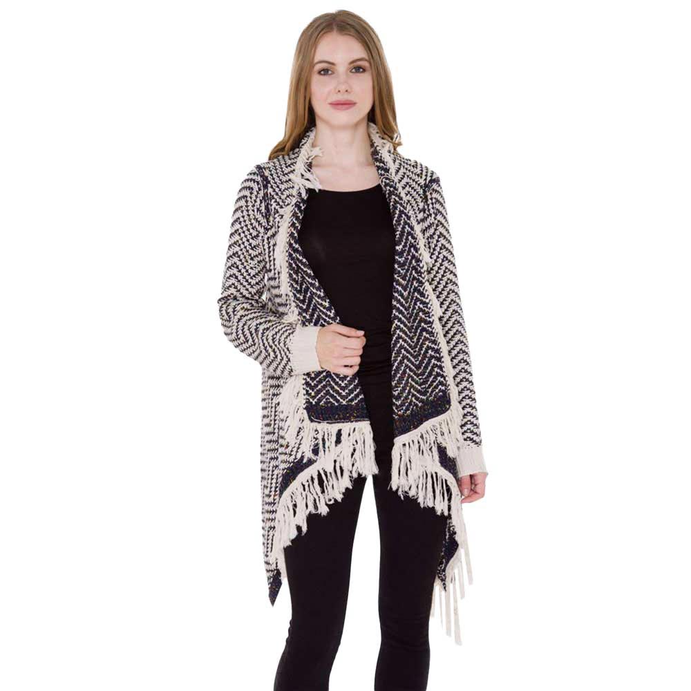 Blue Chevron Zigzag Pattern Fringe Knit Cardigan is a perfect winter accessory and trendy wear to keep you out of chill on the cold days and winter. Super soft chic capelet that keeps you warm and toasty. Beautiful Chevron Zigzag Pattern makes it eye-catchy and attractive that can easily draw other's attention. You can throw it on over so many pieces elevating any casual outfit! Perfect Gift for Wife, Mom, Birthday, Holiday, Christmas, Anniversary, Fun Night Out. Have a warm winter!