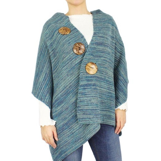 Blue Coconut Button Accented Knit Patterned Shawl Cape Poncho Outwear Ruana, the perfect accessory, luxurious, trendy, super soft chic capelet, keeps you warm & toasty. You can throw it on over so many pieces elevating any casual outfit! Perfect Gift Birthday, Holiday, Christmas, Anniversary, Wife, Mom, Special Occasion