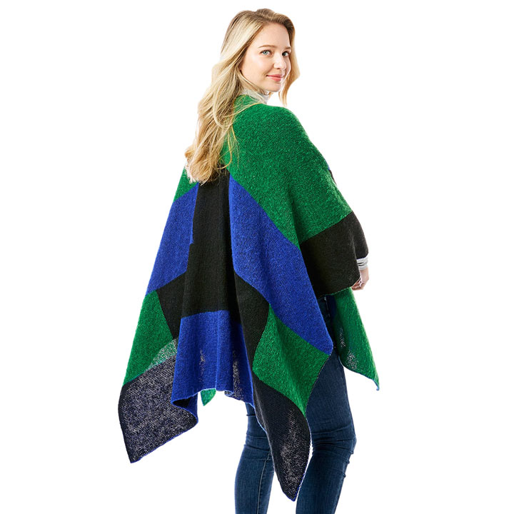 Blue Color Block Ruana, a Fashionable and stylish design is great for year round to wear on any occasion from casual to formal. Throw it on as a warm, soft layer over your career and casual outfits. Cozy and soft wrap shawl in open-front poncho style that boasts a reversible design for twice the style. Perfect for casual outings, parties, and office. Great gift idea for friends and family. Soft and comfortable Acrylic material for long-lasting warmth on cold days. Perfect winter gift for your loved ones.