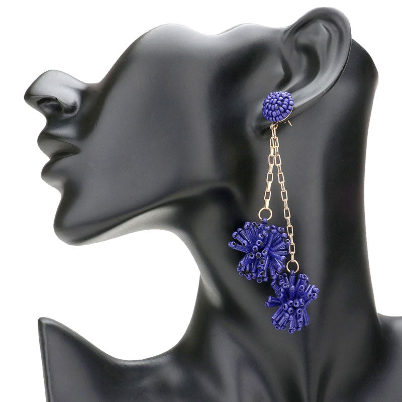 Blue Dropped Beaded Double Ball Dangle Earrings, Show your unique & trendy choice with these ball link dangle earrings; Featuring different color combinations for a bit of fashionable touch. Perfect for Fleur de Lis, the new year, parties, etc. Stay unique & beautiful! Great gift idea for your Loving One. Enjoy the moments!