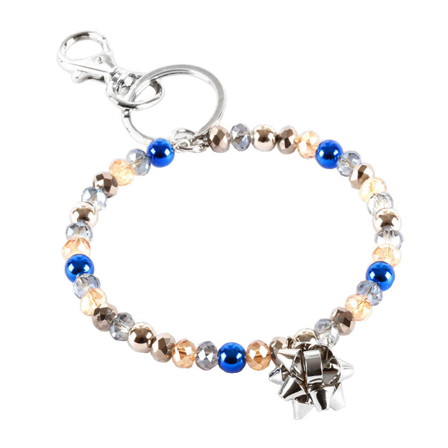 Blue Faceted Beaded Christmas Gift Bow Key Chain Bracelet, Get ready with these bright Bracelet, put on a pop of color to complete your ensemble. Perfect for adding just the right amount of shine and a touch of class to special events. Perfect for Christmas Gift, Birthday Gift, Anniversary Gift, Mother's Day Gift.