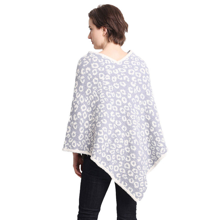 Blue Fall Winter One Size Leopard Patterned Poncho, the perfect accessory, luxurious, trendy, super soft chic capelet, keeps you warm and toasty. You can throw it on over so many pieces elevating any casual outfit! Perfect Gift for Wife, Mom, Birthday, Holiday, Christmas, Anniversary, Fun Night Out