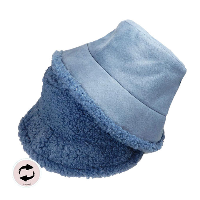 Blue Fashionable Winter Reversible Faux Fur Sherpa Bucket Hat, Before running out the door into the cool air, you’ll want to reach for these  Faux Fur Sherpa Bucket Hatto keep you incredibly warm and comfortable even when the sun is high in the sky.  Perfect for keeping the sun off of your face, neck, and shoulders.