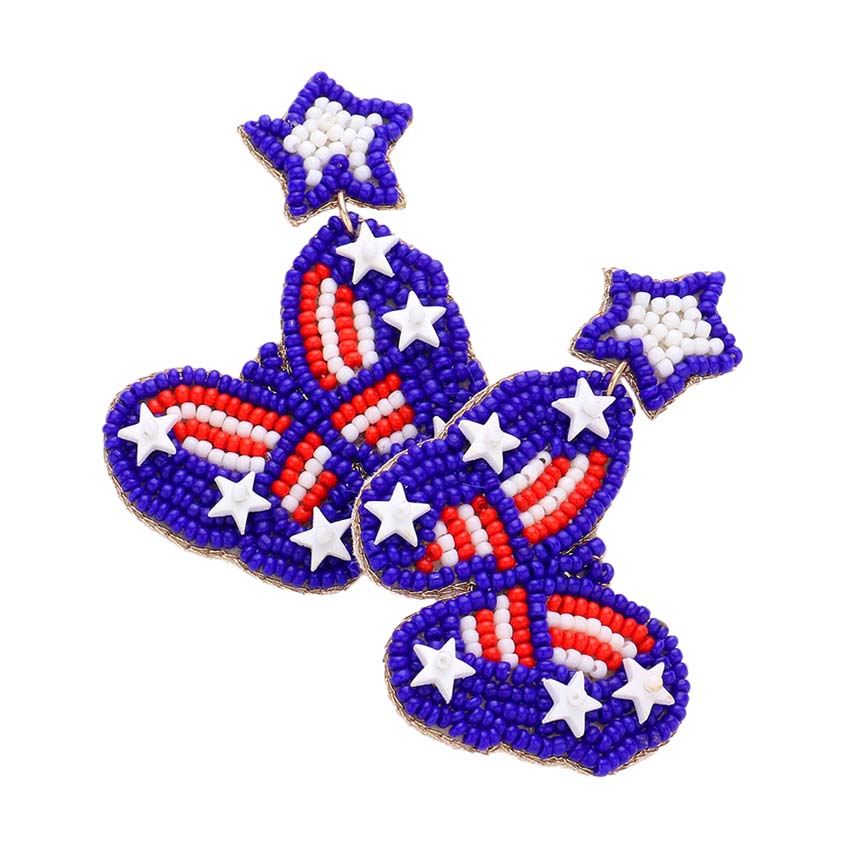 Blue Felt Back American Flag Beaded Star Butterfly Link Earrings, These are fun handcrafted jewelry that fits your lifestyle, adding a pop of pretty color. Show your love for Your country with these sweet patriotic American Flag Beaded Star Butterfly Link Earrings. Perfect gift for any national holiday and occasion.